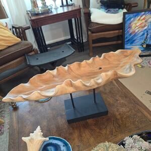 Teak Wood Leaf Decorative Sculpture Floating Home Decor Statue with Black Stand